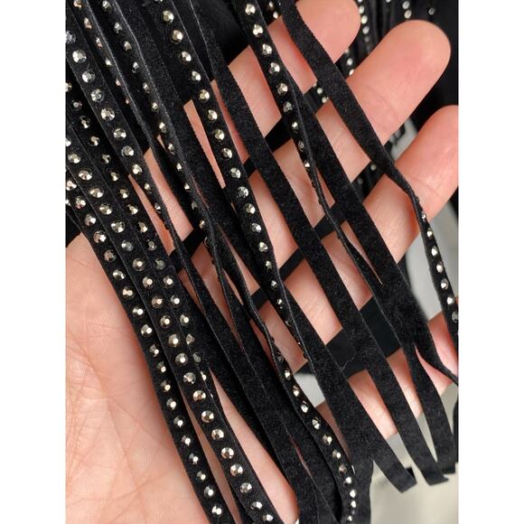 Zara Women's Black Faux Leather Suede Rhinestone Fringe Cropped Jacket Size S - Picture 5 of 6